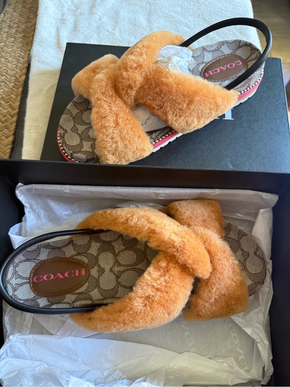 Coach Orange Fuzzy Crisscross Slide Sandals with Back Strap